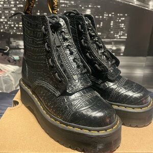 Dr. Martens Black Gunmetal Croc-Embossed Combat Boots
